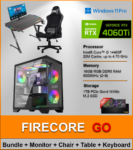FIRE CORE GO is a clean, high-performance gaming setup built for smooth 1080p competitive play and everyday power. Driven by the Intel Core i5-14400F and RTX 4060 Ti, it delivers fast frame rates, sharp visuals, and rock-solid multitasking. With DDR5 memory, Gen4 NVMe storage, Windows 11 Pro, and a full gaming ecosystem including a 144Hz monitor, ergonomic chair, RGB desk, and gaming bundle, this is a true plug-and-play battlestation. Power it on and you’re ready to dominate. 🚀🎮