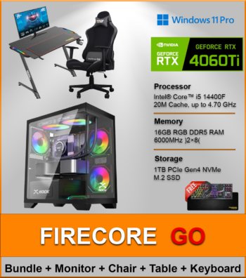 FIRE CORE GO is a clean, high-performance gaming setup built for smooth 1080p competitive play and everyday power. Driven by the Intel Core i5-14400F and RTX 4060 Ti, it delivers fast frame rates, sharp visuals, and rock-solid multitasking. With DDR5 memory, Gen4 NVMe storage, Windows 11 Pro, and a full gaming ecosystem including a 144Hz monitor, ergonomic chair, RGB desk, and gaming bundle, this is a true plug-and-play battlestation. Power it on and you’re ready to dominate. 🚀🎮