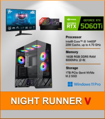 NIGHT RUNNER V is a powerful and balanced gaming PC bundle built for smooth Full HD 144Hz gaming and everyday performance. Driven by Intel Core i5-14400F and GeForce RTX 5060, it delivers fast frame rates, quick load times, and reliable multitasking, paired with RGB styling, Windows 11 Pro, and a complete AOC 27″ gaming monitor plus 4-in-1 gaming accessories for a ready-to-play setup.